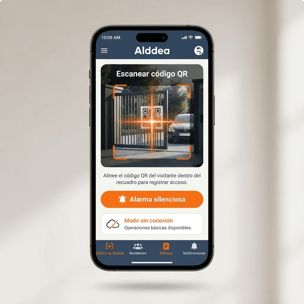 App móvil para guardias de seguridad con escáner de códigos QR y alarmas de emergencia