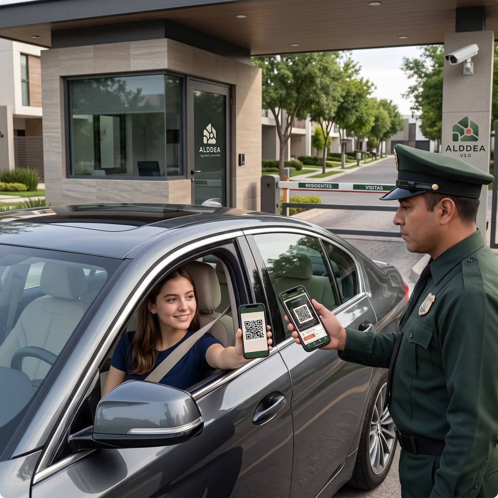 Guardia de seguridad Alddea escaneando QR en caseta de fraccionamiento