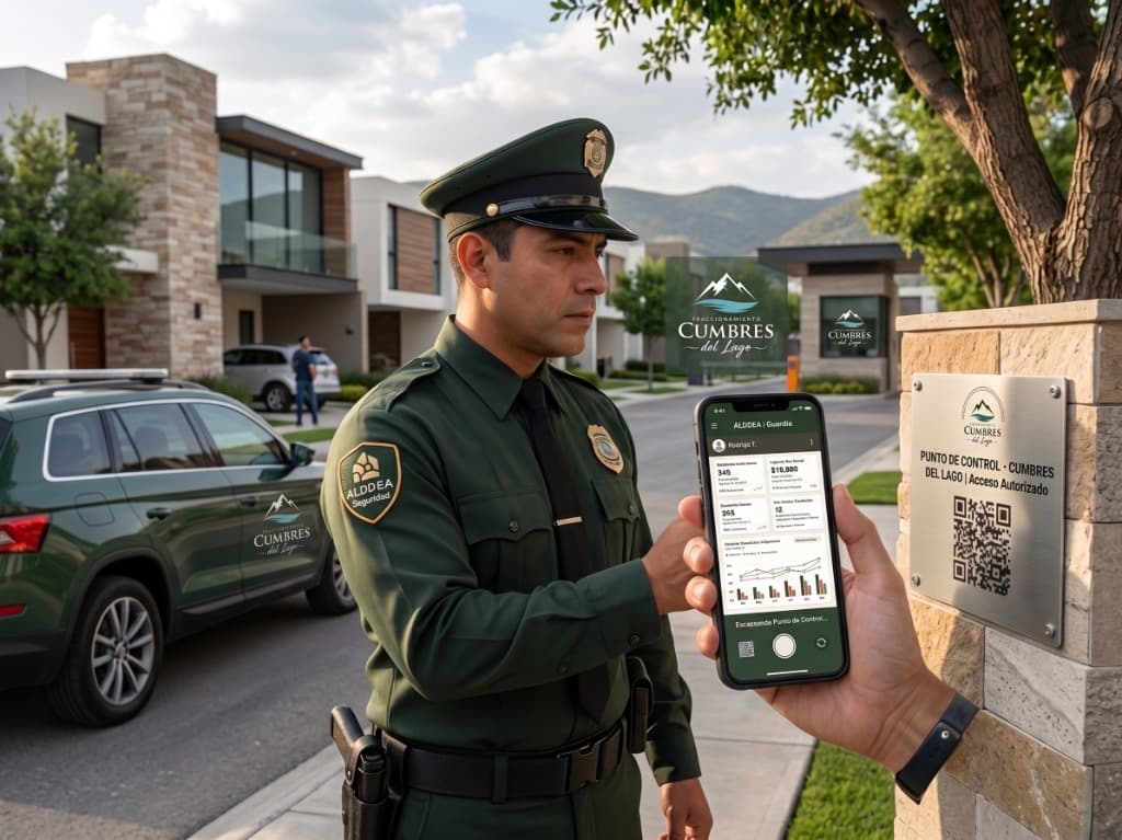Guardia de seguridad escaneando punto de control QR en rondín perimetral Cumbres del Lago